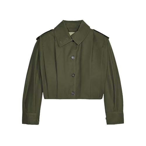 HOULENGS Women's Cropped Trench Coat Casual Long Sleeve Lapel Collar Short Pleated Jacket Spring...