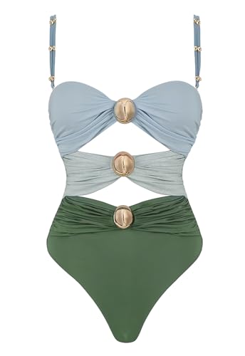 Women's Cutout One Piece Swimsuit Ruched Color Block Bathing Suit Tummy Control High Waisted Swimwear