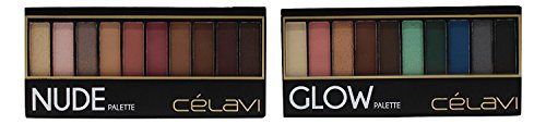 Celavi Eye Shadow Compact Palette w/ Built in Mirror and Dual Headed Sponge Applicator (2 Palettes - Glow & Nude)