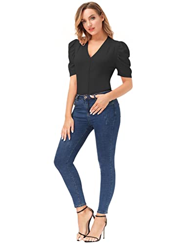 Belle Poque Short Sleeve Cardigan Black Puff Sleeve Cardigans V Neck For Women S #TOP3