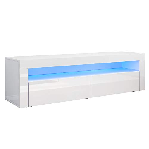 SONNI TV Board, Fernsehtisch, Lowboard, mit LED Beleuchtung, 12 Farben können eingestellt Werden, Weiß Hochglanz, TV Schrank, TV-Regal, Fernsehschrank, 155x40x45cm, GTV001W