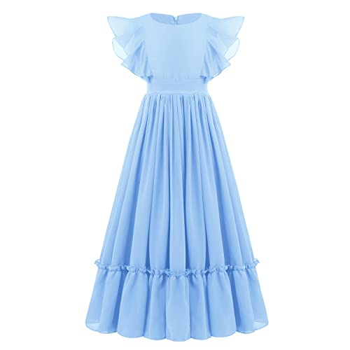 IWEMEK Chiffon Flower Girl Dresses Flutter Sleeves Long Dress Wedding Pageant Bridesmaid Ball Gown A Line Floor Length Dress