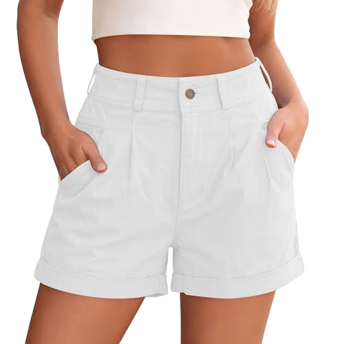 PRETTYGARDEN High Waisted Shorts Women 2026 Summer Business Casual Trousers Pleated Tailored Cuffed Bottoms with Pockets(White,Small)