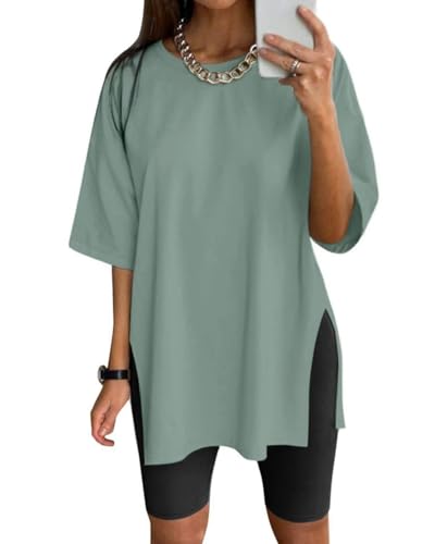 Eunike Oversized Tshirt Damen Sportshirt Kurzarm Blusen Sommer Lockere Oberteile Funktionsshirt Tunika Locker mit Schlitzen Grün L Eunike Oversized Tshirt Damen Sportshirt Kurzarm Blusen Sommer Lockere Oberteile Funktionsshirt Tunika Locker mit Schlitzen Grün L