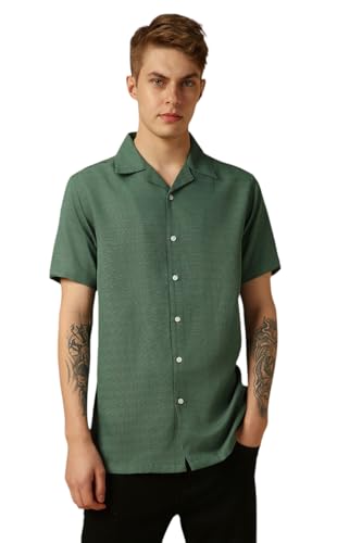 Image of Dennis Lingo Men's Half Sleeve Cuban Collar Solid Textured Relaxed Fit Casual Shirt
