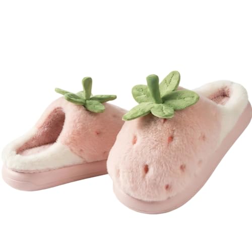 AFXAFX Strawberry Fuzzy Slippers for Women Platform Thick Sole Slip-on College Trendy Indoor Outdoor Comfortable Plush Cozy Cute Kawaii (Pink 7)