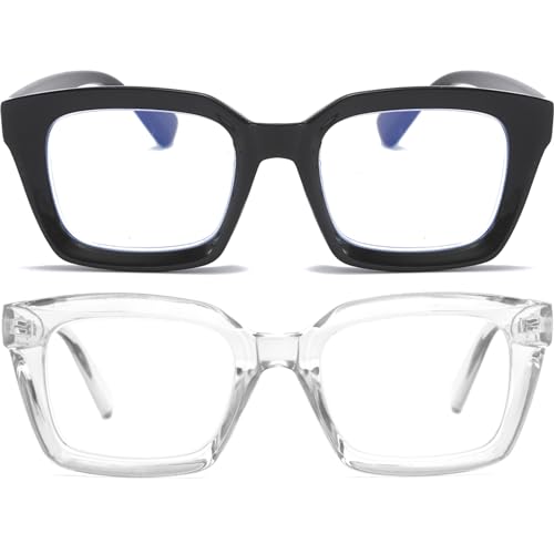 Image of REAVEE 2 Pack Oversized Reading Glasses for Women Men Blue Light Blocking, Ladies Stylish Retro Square Large Computer Readers (Black /Clear 2.0x)