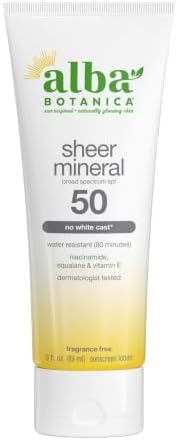 Alba Botanica Mineral Sunscreen Lotion SPF 50, Broad Spectrum, Fragrance Free, 3 Fl Oz (Packaging May Vary)