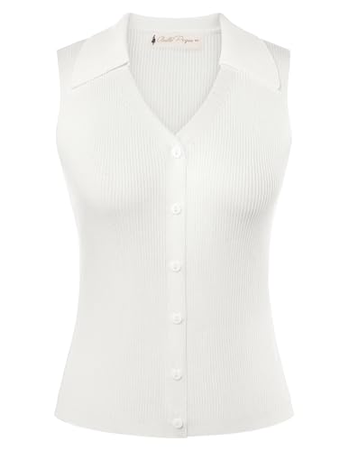 Image of Belle Poque Women's Button Down Tank Tops Summer Ribbed Vest Top Sleeveless V Neck Collared Vest Shirt Slim Fit Going Out Top