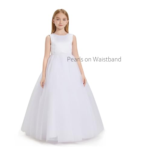 White Pearls Flower Girl Dress for Wedding Party Kids Princess Tulle Prom Ball Gown with Big Bow Sash YFD3702