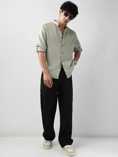 Image of Urbano Fashion Men's Linen Blend Full Sleeve Relaxed Fit Mandarin Collar Casual Solid Shirt