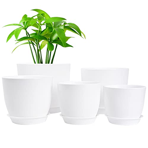 Cymax Large Plant Pots,17.78/15.2/14.9/12/11cm Flower Pot Indoor Modern Decorative Plastic Pots with Drainage Hole and Tray for All House Plants, Succulents, Flowers, and Cactus, 5 Pack,White