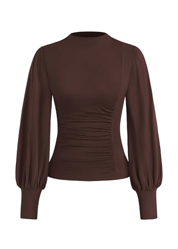 KIRUNDO Blouses for Women Dressy Casual 2026 Fall Ruched Puff Long Sleeve Shirts Mock Neck Underscrub Fitted Trendy Tops (Brown, Large)
