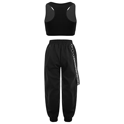 Image of FEESHOW Kids Girls Sports Crop Top with Elastic Waistband Trousers Cargo Pants for Gymnastic Dance Workout Outfit