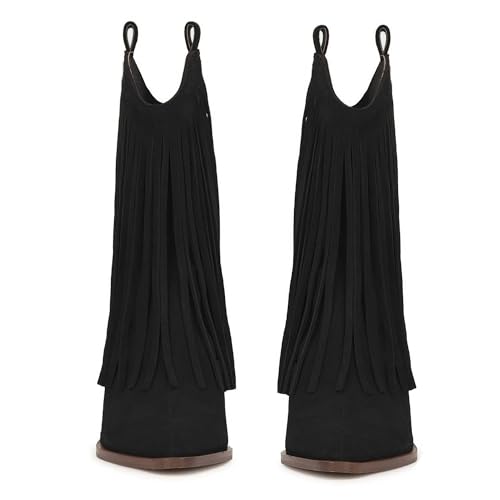 SHODENSE Women Fringe Cowboy Calf Boots Chunky Stacked Heel Mid Calf Western Boots Suede Pointed Toe Cowgirl Boots Tassel Side Zipper V-Cut Calf High Dress Boots Vintage Retro Casual 4-11 M US3