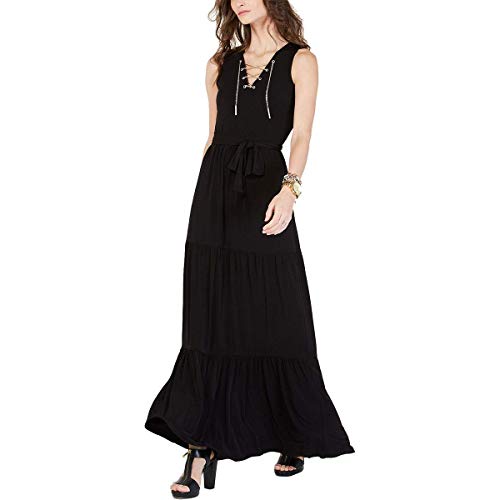 Michael Michael Kors Women's Chain Lace-Up V-Neck Matte Jersey Tiered Maxi Dress, Black/Gold (Small) #TOP15