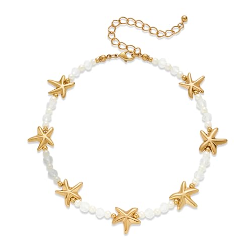 LILIE&WHITE Collier Femme Or avec Étoiles de Mer et Perles Blanches, Fait Main, Anallergique, Design Marin Chic, Accessoire Cadeau Estival Élégant