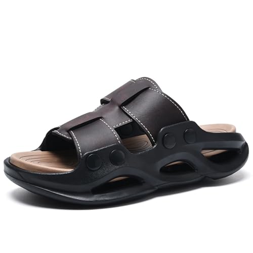 Mens Leather Platform Non Slip Beach Slides Comfortable Slip On Open Round Toe Thick Sole Casual Sandals For Casual Daily Vacation Indoor Outdoor