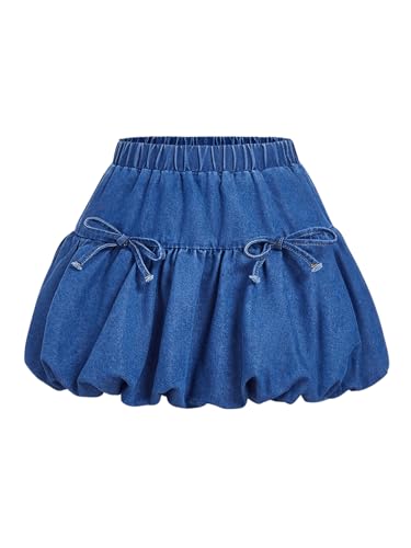 MakeMeChic Women's Bow Knot Denim Mini Skirt Elastic Waist A Line Short Jean Skirts