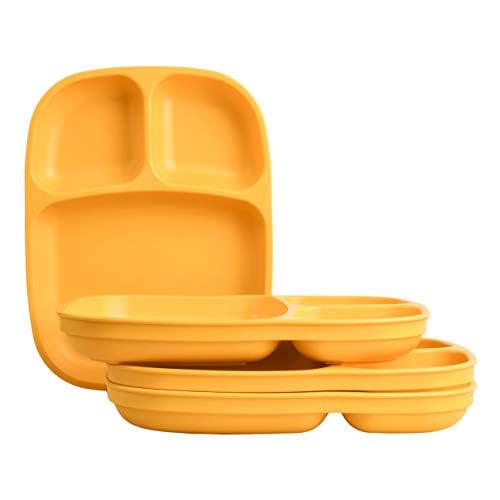 Re Play Made in USA Large 3 Compartment Plates, Pack of 4 - Reusable Divided Plates for Kids, Dishwasher and Microwave Safe - Durable Lunch Trays for Kids 7.4" x 9.88" x 1.25", Sunny Yellow