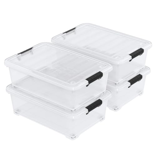 4 Pack 20 L Plastic Under Bed Clear Latch Storage Tote with Wheels | Clear Storage Container, Secure Latch Lid, Built-In Rolling Wheels, Slim Low Profile Design For Under Bed Organization