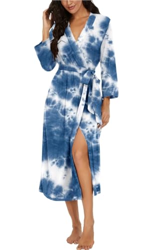 PrinStory Damski szlafrok kąpielowy z rękawami 3/4, szlafrok poranny, dekolt w serek, kimono, długi szlafrok nocny, M