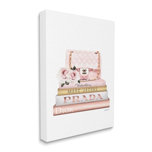 Image of Stupell Industries Pink Purse Gold Bookstack Glam Fashion Watercolor Design, Designed by Amanda Greenwood Wall Art, 36 x 1.5 x 48, Canvas | Stupell Industries | 36 x 48 Inches, Easy to Hang and Sturdy, Made in USA, by Amanda Greenwood