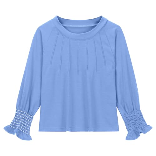 Girls Ruffle Smocked Long Sleeve Tops Dressy Casual Pleated Loose Crewneck Pullover Solid Tunic T-Shirts for 4-14Y 7