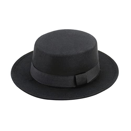 WHB Unisex Satinbesatz Fedora Hut Klassischer filzhut jazzhut Breite Krempe Pork Pie Hut Flache Kirche Derby Cap Panamahut Kaschmirimitat Sonnenhüte Elegante Strandmütze Schlapphut (Schwarz,OneSize) Cover