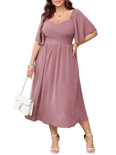 Image of SHESTARR Women's Plus Size Midi Dress Sweetheart Neck Short Sleeve Wedding Guest Cocktail A Line Flowy Dress