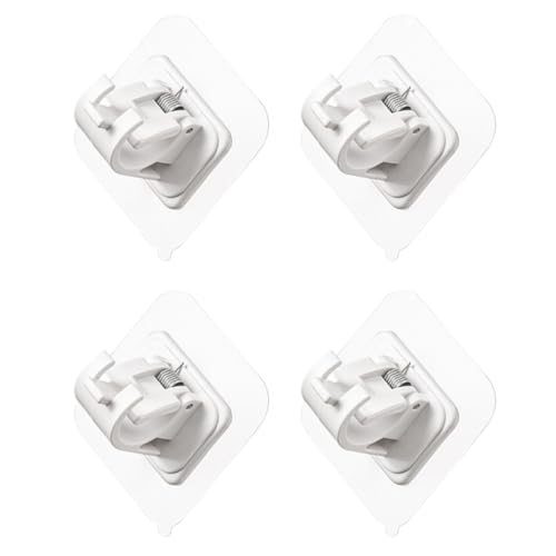 Housoutil Abrazaderas Adhesivas para Barra de Cortina Blancas, 4 Unidades, Clip Fijación sin Perforación para Ventanas y Baño, Soporte para Barra Extensible, Accesorio de Hogar Funcional