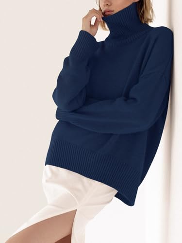Image of YKR Women's Turtleneck Sweater Chunky Long Sleeve Knitted Pullover High Low Hem Sweater Jumper Top Navy XXL