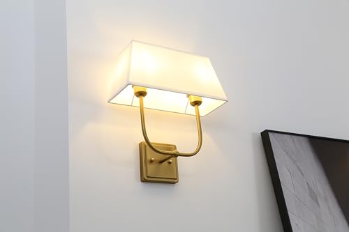 Image of PERMO Transitional Double Sconce 2 Lights Indoor Sconce Wall Lighting with White Textile Fabric Square Shade for Bedroom Bedside Living Room (Antique Brass)