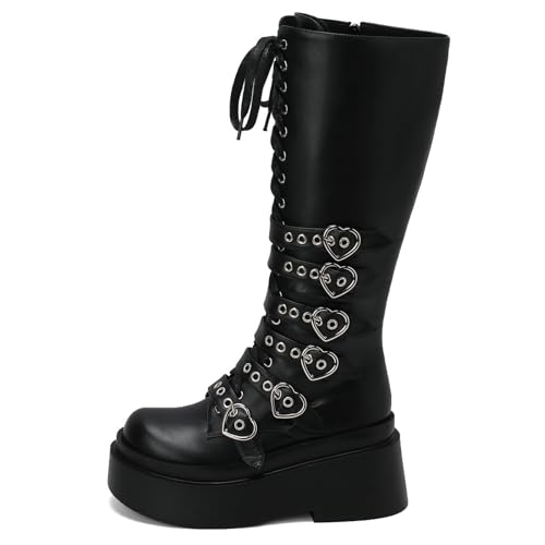 Image of Parisuit Women's Knee High Goth Platform Boots Lace Up Combat Boots | Chunky High Heel, Buckle Boots, Punk Chain Boots