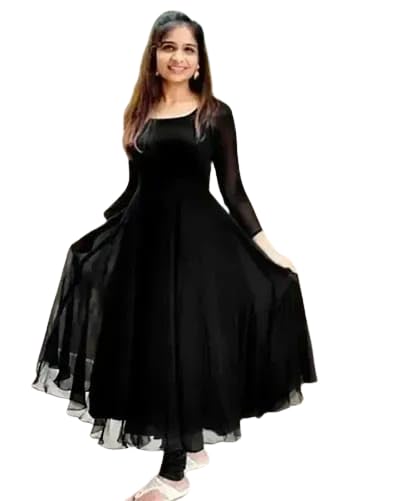 GenericJai Shree Shyam Clothing Store Women's Georgette Traditional Ethnic Long Gown Western Dress with Simple Neck Full Length Simple Work All Over Full Stitched Maxi Dress Black