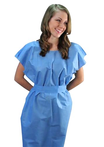 Disposable Patient Exam Gown MEDIUM (50 Count) Blue SMS Nonwoven Fluid-Resistant Latex-Free Includes Separate Tie Belt DG Disposable Gowns | Made in USA | Medical Exam Apparel