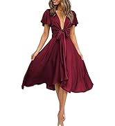 miduo Womens Satin V Neck Ruffle Short Sleeve Tie Front High Waist Midi A-Line Maxi Dresses