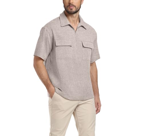 Lepunuo Mens Zipper Polo Shirts Linen Casual Short Sleeve Shirts Loose Fit T Shirts with Cargo Pockets3