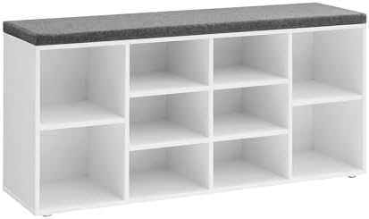 VASAGLE Schuhbank, 10 Fächer, mit Polsterung, 30 x 104 x 48 cm | Schuhregal, Schuhaufbewahrung, Sitzbank, Wolkenweiss und Taubengrau, CUSTOS Kollektion LHS10WT
