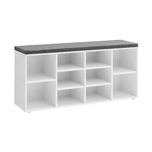 VASAGLE Schuhbank, Schuhregal, Schuhaufbewahrung, Sitzbank, 10 Fächer, mit Polsterung, für den Eingangsbereich, Flur, Schlafzimmer, 104 x 30 x 48 cm, weiß LHS10WT