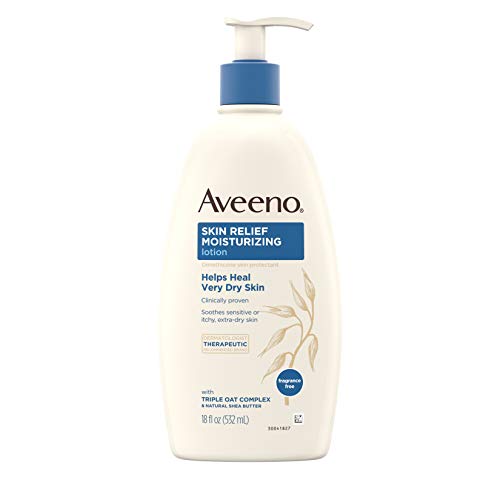 Aveeno Skin Relief 24-Hour Moisturizing Lotion for Sensitive Skin with Natural Shea Butter & Triple Oat Complex, Unscented Therapeutic Lotion for Extra Dry, Itchy Skin, 18 fl. oz (Pack of 2)