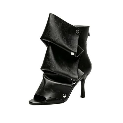 QVY Women's Layered Ruched Ankle Boots, Foldover Pointy Open Toe Slouchy Silver Buttons Stiletto Fashion Short Booties for Party & Daily Wear