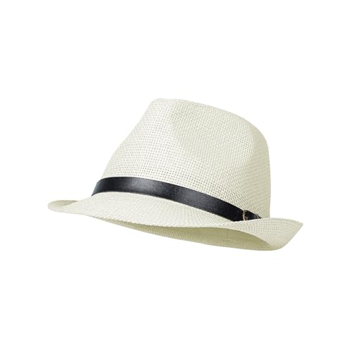 Straw Fedora Hat for Men Women Short Brim Panama Trilby Hat Sun Summer Beach Hat with Belt Buckle Cream