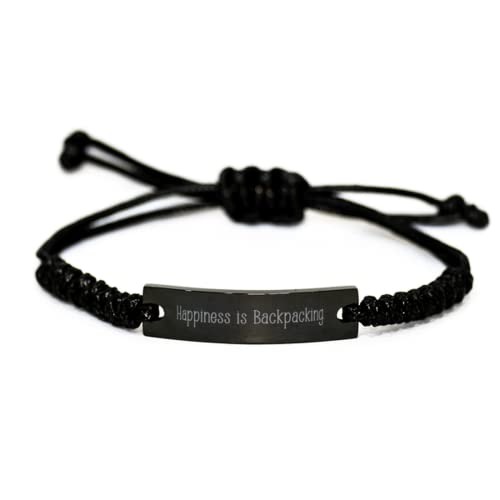 Cheap Backpacking, Happiness is Backpacking, Joke Holiday Black Rope Bracelet for Men Women