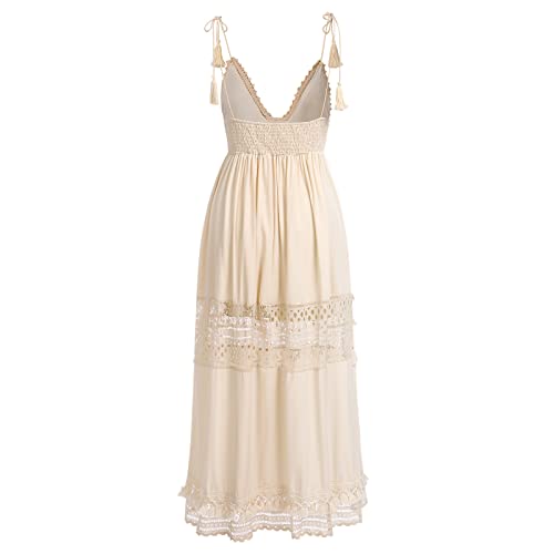 Image of ABOCIW Women's Boho Maxi Dress Lace Up Tassel V-Neck Flare Ruffle Fringed Beach Summer Dresses