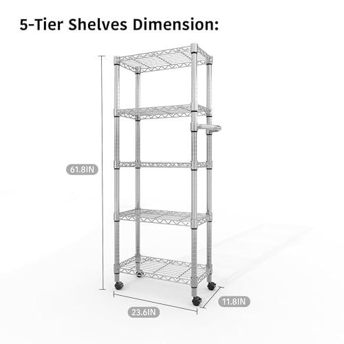 Image of GarveeTech 5-Tier Metal Shelving Unit with Wheels, 1100 LBS Capacity Heavy Duty Garage Storage Shelves with Adjustable Racks and Side Handle, 61 inch H Rolling Shelves Organizer for Garage Pantry Kitchen