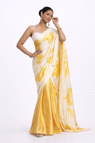 Image of Japan Satin Floral Print Saree for Women with Blouse Piece - Satin Finish Draped Saree