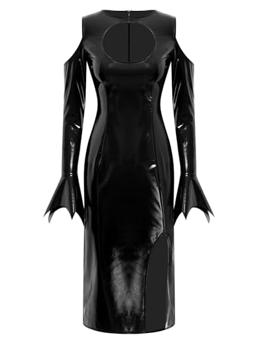 Riismen Pu Leder Kleid Damen Lederkleid Lang Cut Out Kleidung Langarm Bodycon Kleid Wetlook Dessous Große Größen Gogo Clubwear Nachtclubs Schwarz S