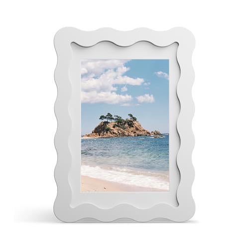 THKRLOF 4x6 Picture Frame with Mat for 3.5x5 Wavy Edge Wooden Real Glass Photo Frame for Tabletop and Wall Hanging White 1 Pack