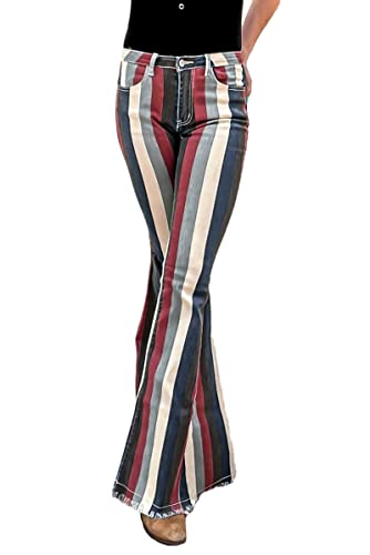 Tacstrun Women's Casual High Waist Bell Bottom Jeans Striped Printed Hem Raw Flare Denim Pants,Multicolor,Small #TOP2